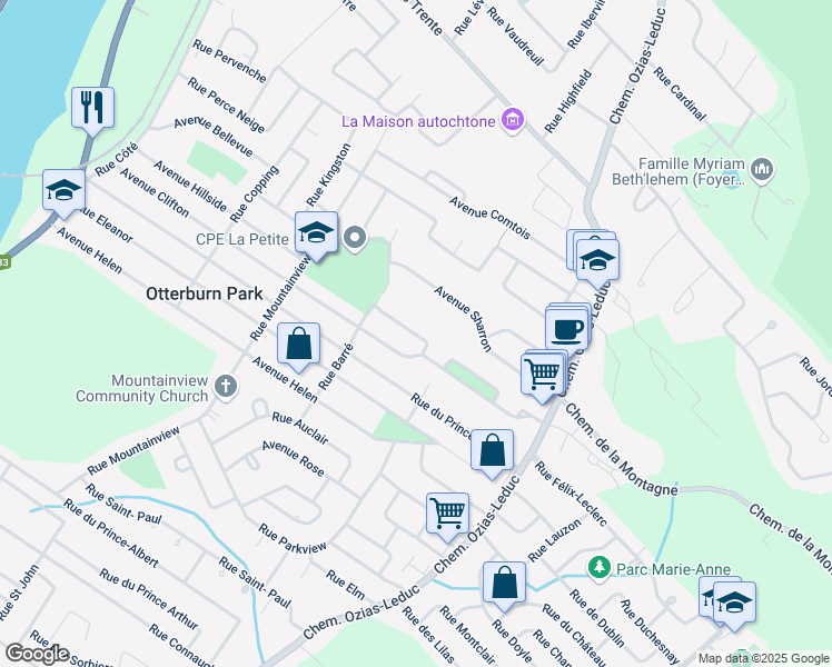 map of restaurants, bars, coffee shops, grocery stores, and more near 363 Rue Lorncliff in Otterburn Park