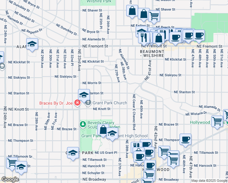 map of restaurants, bars, coffee shops, grocery stores, and more near 3603 Northeast Stanton Street in Portland