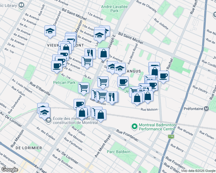 map of restaurants, bars, coffee shops, grocery stores, and more near 4700 2e Avenue in Montréal