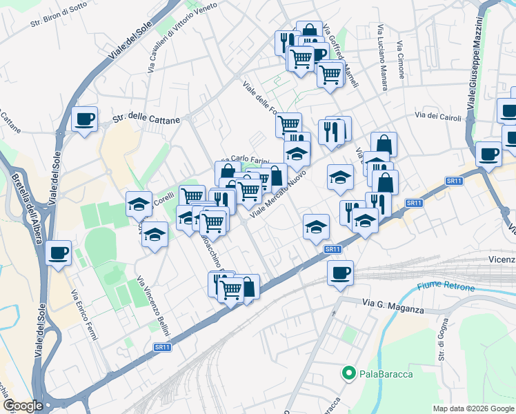 map of restaurants, bars, coffee shops, grocery stores, and more near 6 Viale del Mercato Nuovo in Vicenza