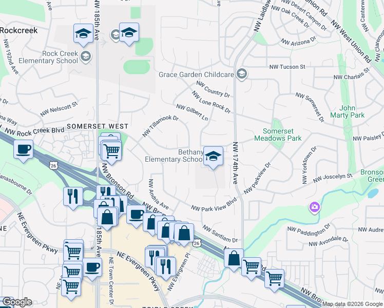 map of restaurants, bars, coffee shops, grocery stores, and more near 3360 Northwest 178th Avenue in Portland