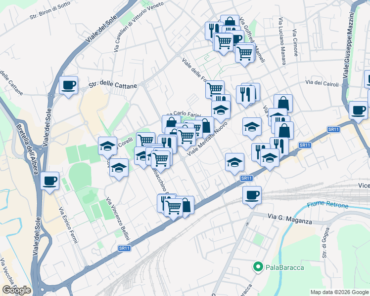 map of restaurants, bars, coffee shops, grocery stores, and more near 6 Viale del Mercato Nuovo in Vicenza