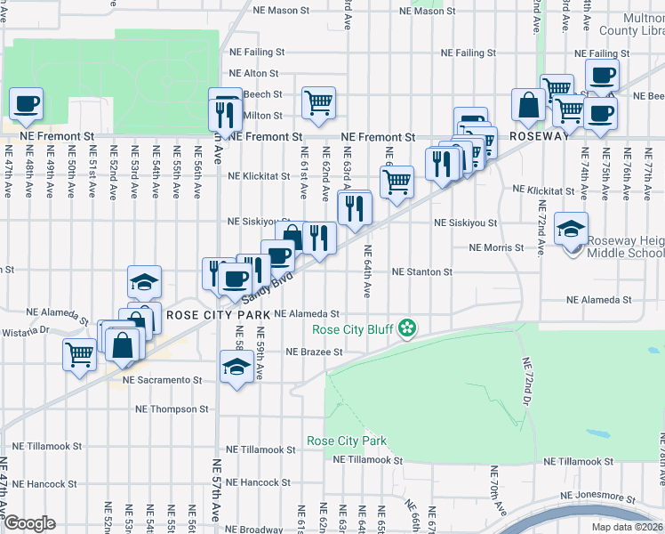 map of restaurants, bars, coffee shops, grocery stores, and more near 3015 Northeast 62nd Avenue in Portland