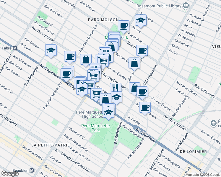 map of restaurants, bars, coffee shops, grocery stores, and more near 6298 Rue de Bordeaux in Montréal