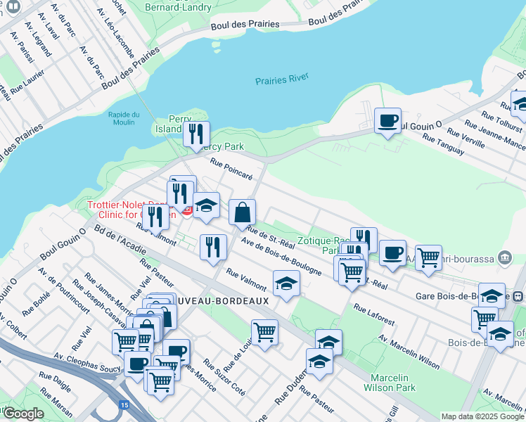 map of restaurants, bars, coffee shops, grocery stores, and more near 1015 Rue François Dugas in Montréal
