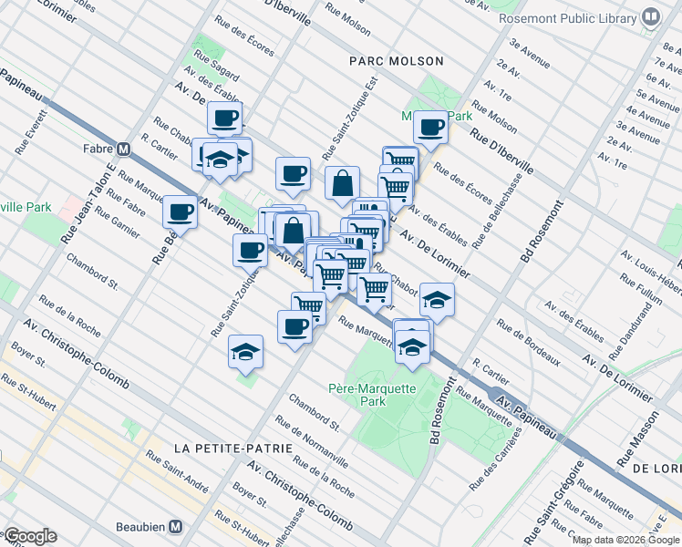 map of restaurants, bars, coffee shops, grocery stores, and more near 6536 Rue Cartier in Montréal