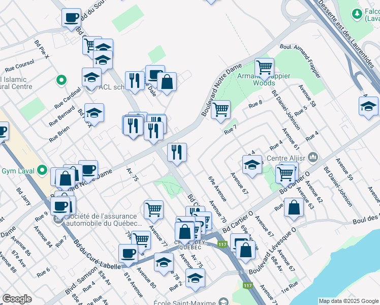 map of restaurants, bars, coffee shops, grocery stores, and more near 3310 Rue Charles-Best in Laval