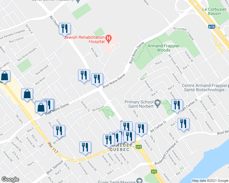 map of restaurants, bars, coffee shops, grocery stores, and more near 3340 Rue Charles-Best in Laval