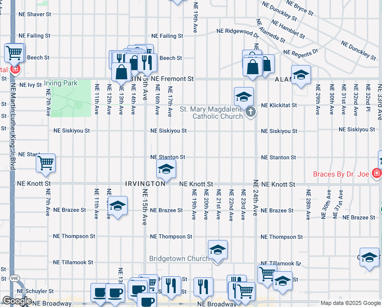 map of restaurants, bars, coffee shops, grocery stores, and more near 1829 Northeast Stanton Street in Portland