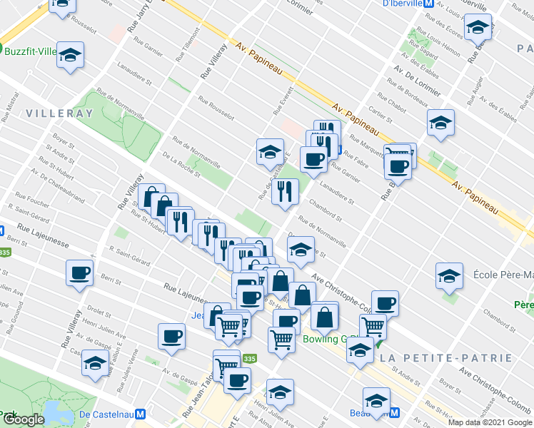 map of restaurants, bars, coffee shops, grocery stores, and more near 7227 Rue de la Roche in Montréal