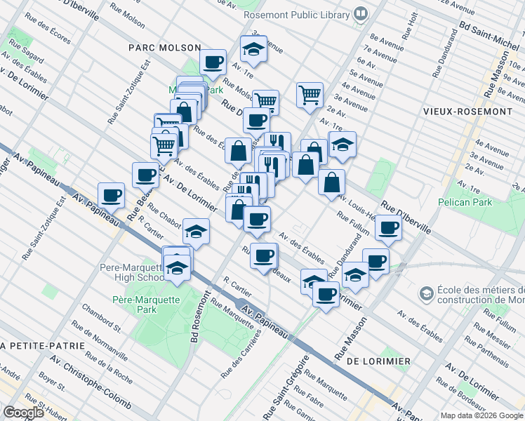 map of restaurants, bars, coffee shops, grocery stores, and more near 2212 Boulevard Rosemont in Montréal