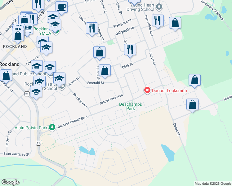 map of restaurants, bars, coffee shops, grocery stores, and more near 108 Jade Street in Clarence-Rockland