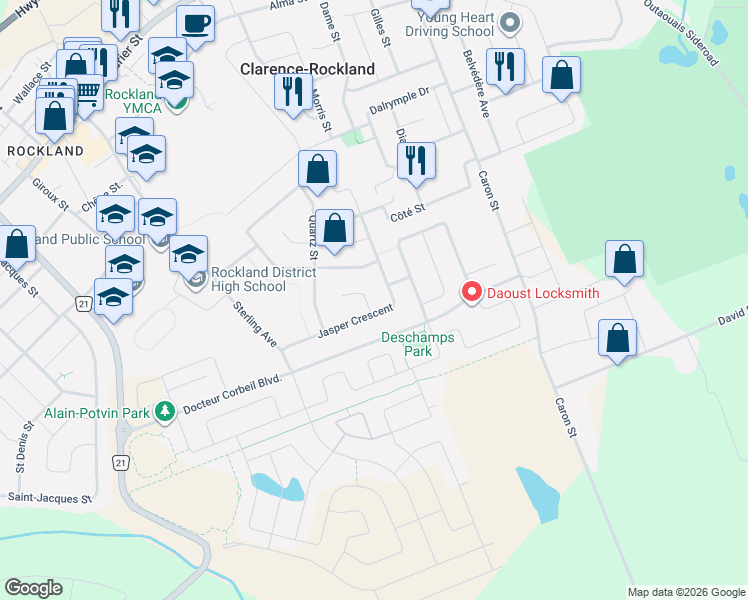 map of restaurants, bars, coffee shops, grocery stores, and more near 108 Jade Street in Clarence-Rockland