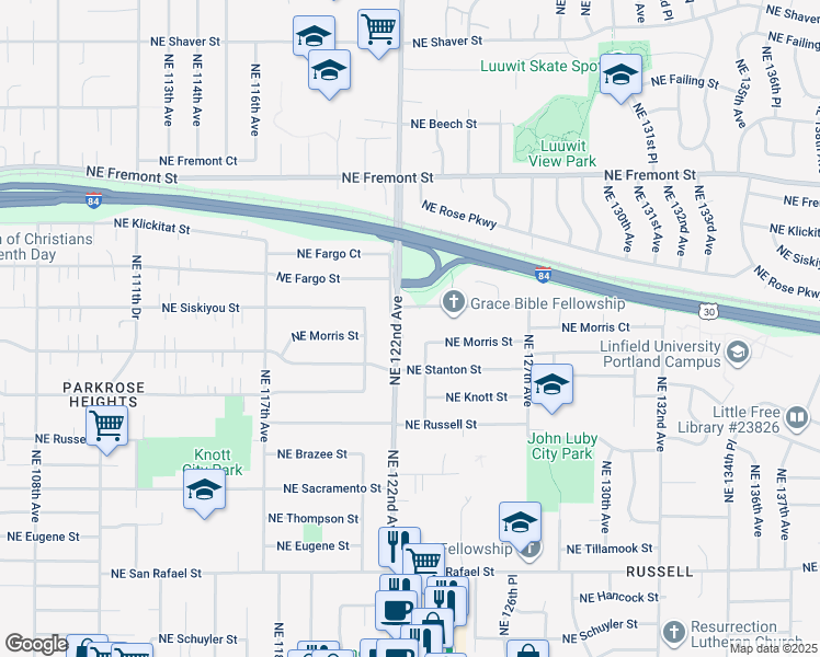 map of restaurants, bars, coffee shops, grocery stores, and more near 12318 Northeast Siskiyou Street in Portland