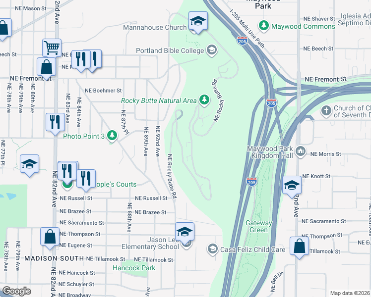 map of restaurants, bars, coffee shops, grocery stores, and more near 2823 Northeast Rocky Butte Road in Portland