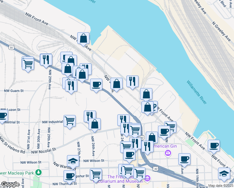 map of restaurants, bars, coffee shops, grocery stores, and more near 2950 Northwest Yeon Avenue in Portland
