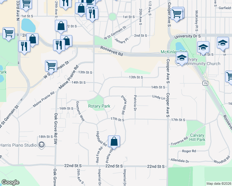 map of restaurants, bars, coffee shops, grocery stores, and more near 2200 14th Street South in St. Cloud