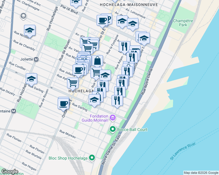 map of restaurants, bars, coffee shops, grocery stores, and more near 3592 Rue Adam in Montréal