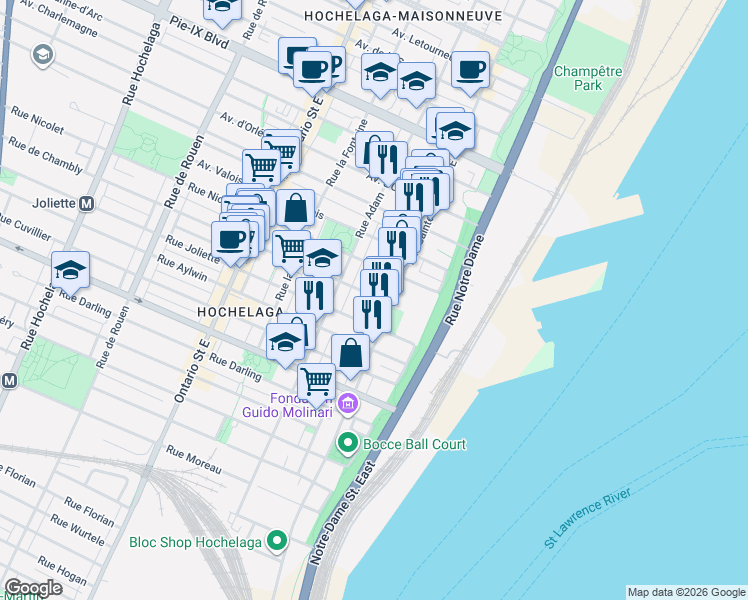 map of restaurants, bars, coffee shops, grocery stores, and more near 1434 Rue de Chambly in Montréal