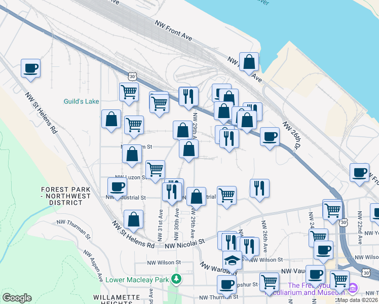 map of restaurants, bars, coffee shops, grocery stores, and more near 3150 Northwest 31st Avenue in Portland