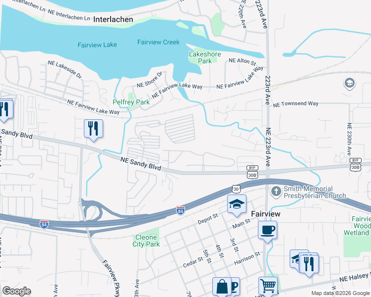 map of restaurants, bars, coffee shops, grocery stores, and more near 21615 Northeast Willow Glen Road in Fairview