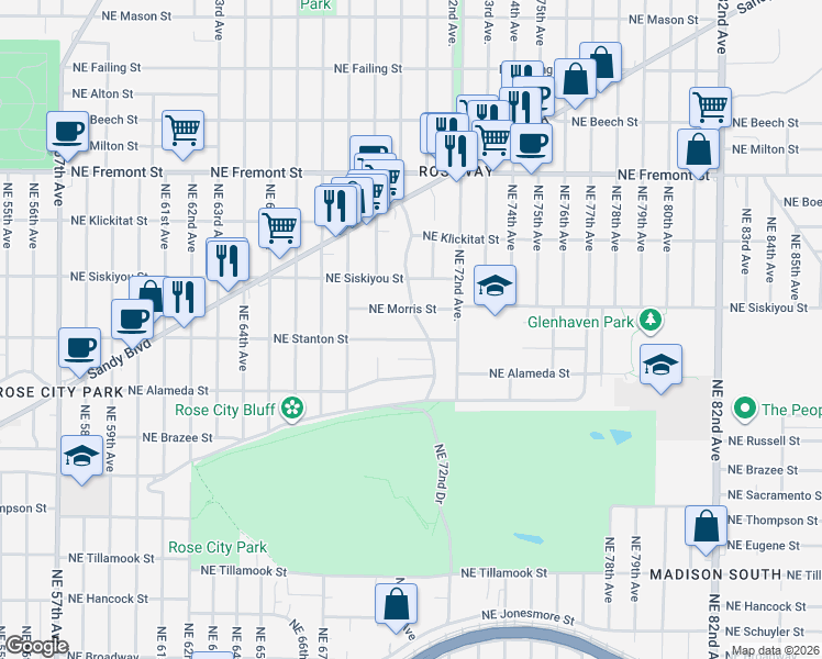 map of restaurants, bars, coffee shops, grocery stores, and more near 6961 Northeast Stanton Street in Portland