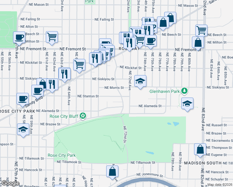 map of restaurants, bars, coffee shops, grocery stores, and more near 6961 Northeast Stanton Street in Portland