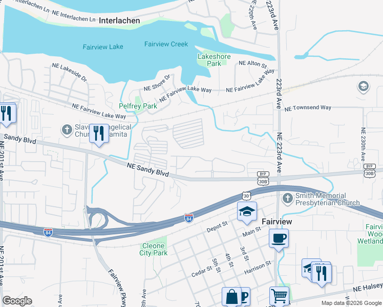 map of restaurants, bars, coffee shops, grocery stores, and more near 21615 Northeast Willow Glen Road in Fairview
