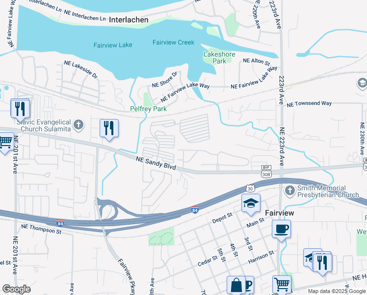 map of restaurants, bars, coffee shops, grocery stores, and more near 21495 Northeast Willow Glen Road in Fairview