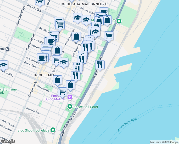 map of restaurants, bars, coffee shops, grocery stores, and more near 536 Rue Nicolet in Montréal