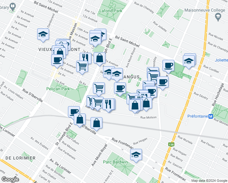map of restaurants, bars, coffee shops, grocery stores, and more near 2671 Avenue du Mont-Royal Est in Montréal
