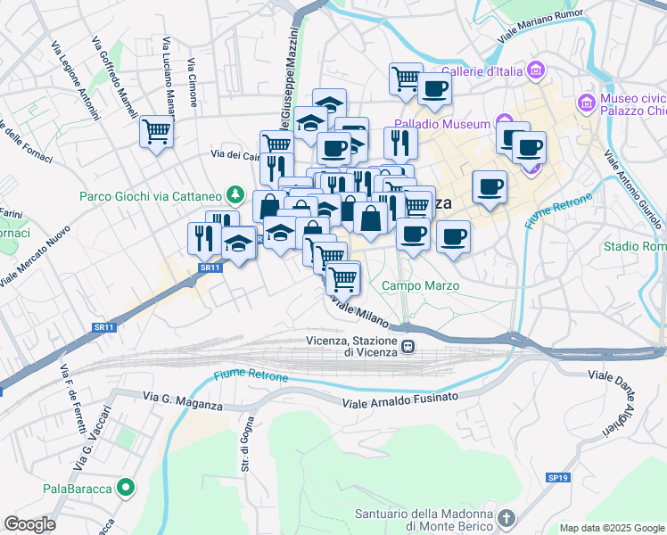 map of restaurants, bars, coffee shops, grocery stores, and more near 53 Viale Milano in Vicenza