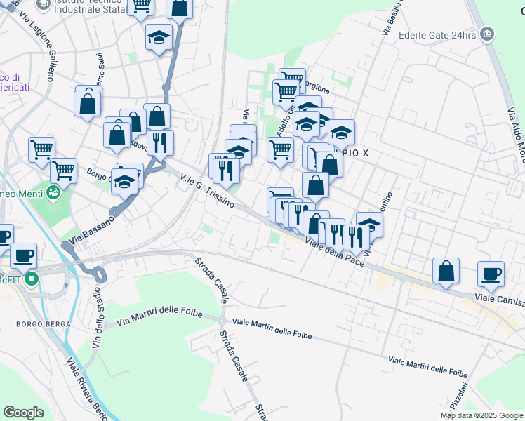 map of restaurants, bars, coffee shops, grocery stores, and more near 77 Viale della Pace in Vicenza