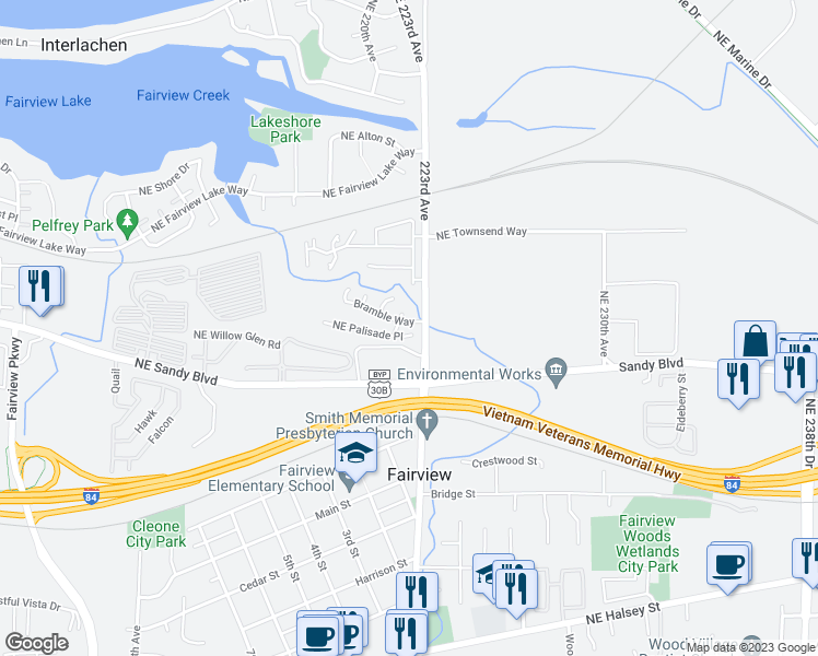 map of restaurants, bars, coffee shops, grocery stores, and more near 22241 Palisade Drive in Fairview