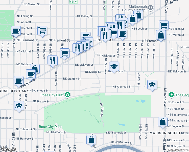 map of restaurants, bars, coffee shops, grocery stores, and more near 7011 Northeast Morris Street in Portland