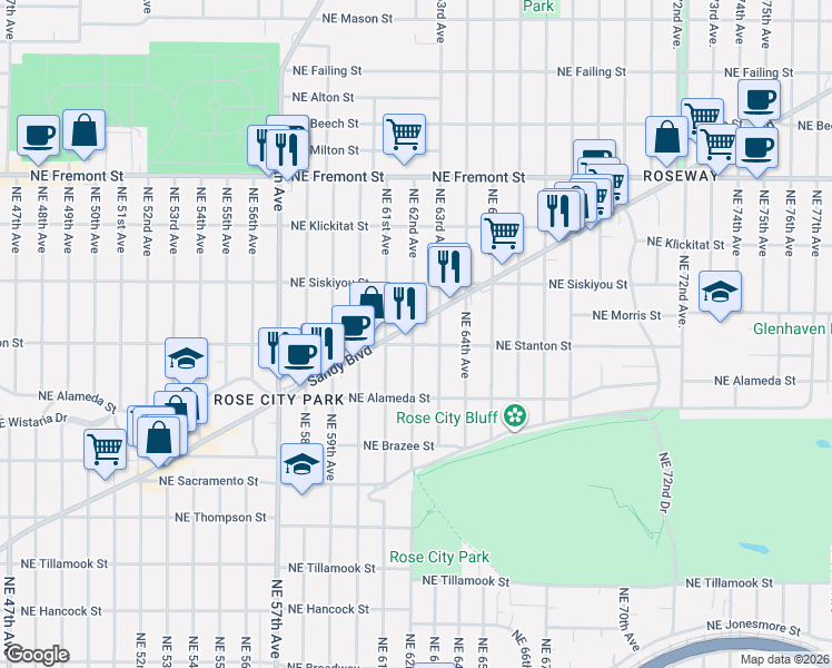 map of restaurants, bars, coffee shops, grocery stores, and more near 3015 Northeast 62nd Avenue in Portland
