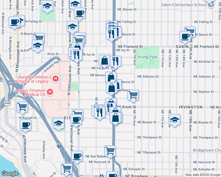 map of restaurants, bars, coffee shops, grocery stores, and more near 306 Northeast Morris Street in Portland
