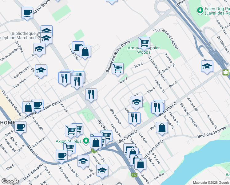 map of restaurants, bars, coffee shops, grocery stores, and more near 3225 6e Rue in Laval