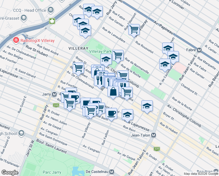 map of restaurants, bars, coffee shops, grocery stores, and more near 7627 Rue Saint-Hubert in Montréal