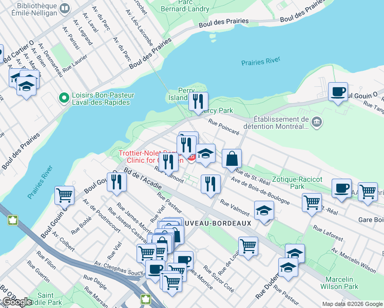 map of restaurants, bars, coffee shops, grocery stores, and more near 1477 Rue Viel in Montréal