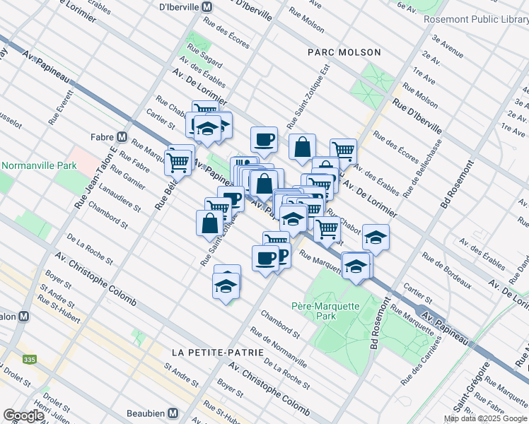 map of restaurants, bars, coffee shops, grocery stores, and more near 6630 Avenue Papineau in Montréal