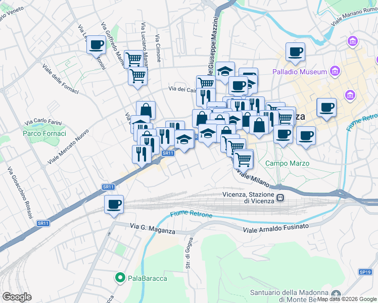map of restaurants, bars, coffee shops, grocery stores, and more near 5 Via Torino in Vicenza