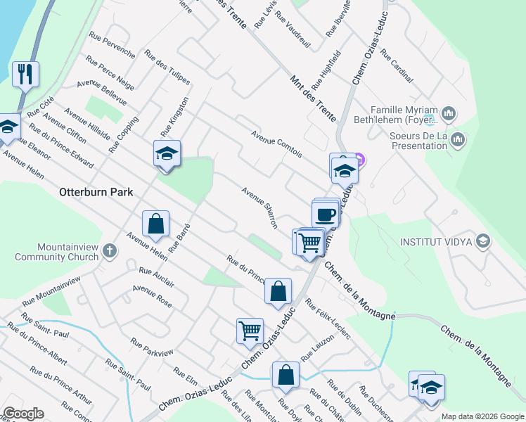 map of restaurants, bars, coffee shops, grocery stores, and more near 310 Rue Sharron in Otterburn Park