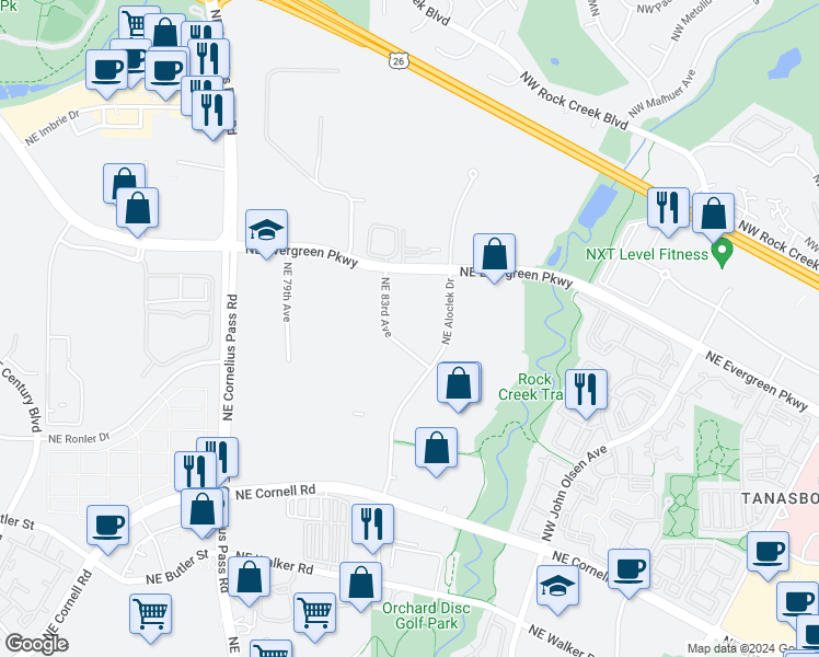 map of restaurants, bars, coffee shops, grocery stores, and more near 3300 Northwest 211th Terrace in Hillsboro
