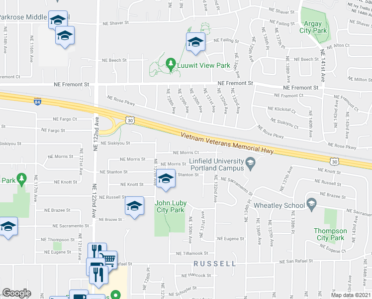 map of restaurants, bars, coffee shops, grocery stores, and more near 3026 Northeast 129th Place in Portland