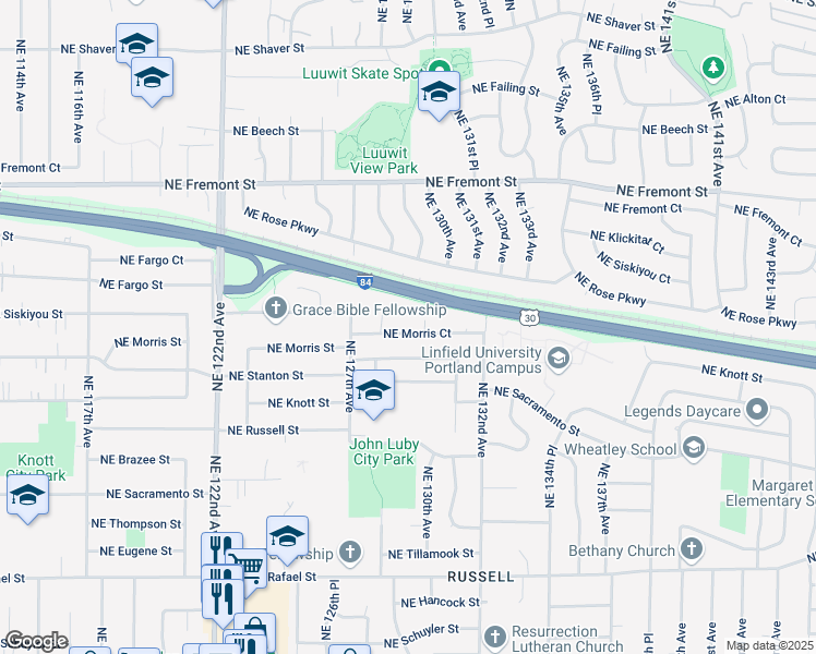 map of restaurants, bars, coffee shops, grocery stores, and more near 3036 Northeast 128th Avenue in Portland