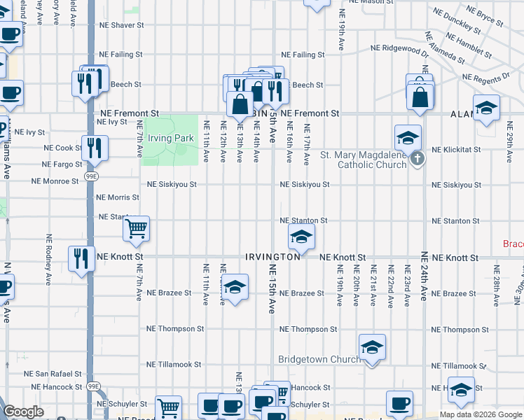 map of restaurants, bars, coffee shops, grocery stores, and more near 3003 Northeast 15th Avenue in Portland