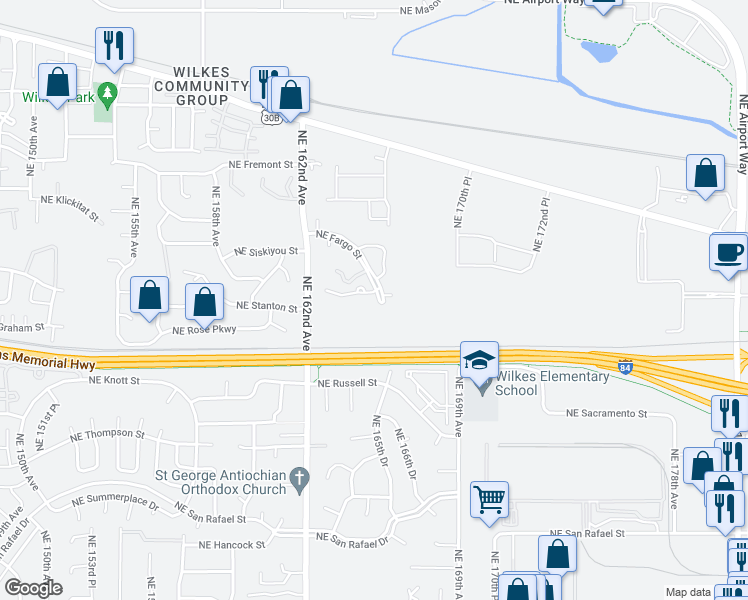 map of restaurants, bars, coffee shops, grocery stores, and more near 16452 Northeast Fargo Court in Portland