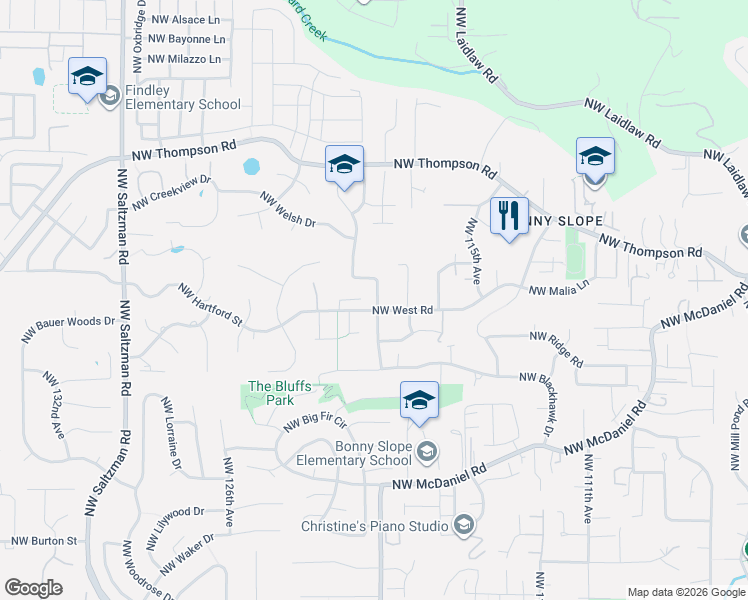 map of restaurants, bars, coffee shops, grocery stores, and more near 3463 Northwest Loriann Drive in Portland