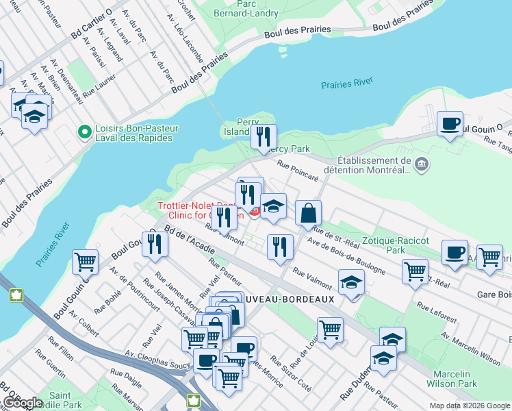 map of restaurants, bars, coffee shops, grocery stores, and more near 1477 Rue Viel in Montréal